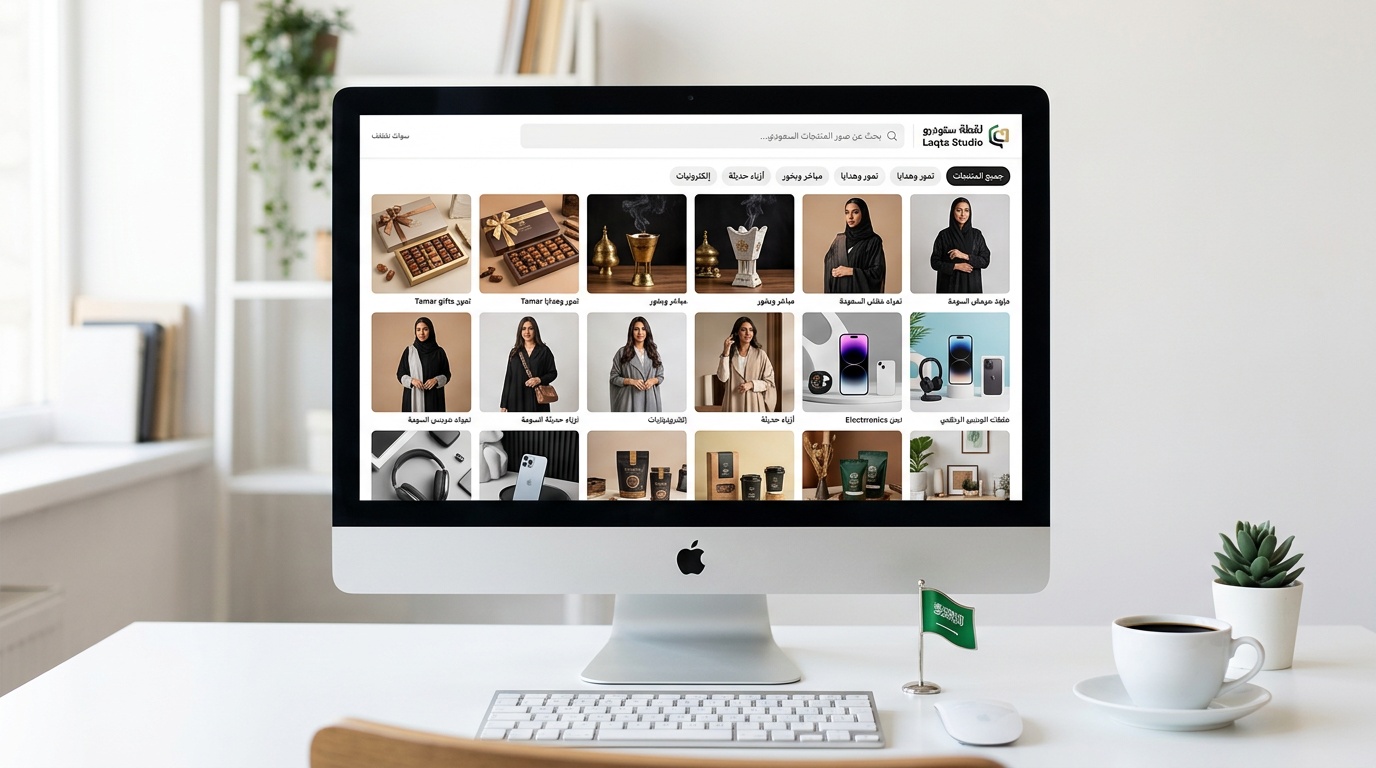 مكتبة صور جاهزة لمنتجات سعودية متنوعة على واجهة لقطة استوديو