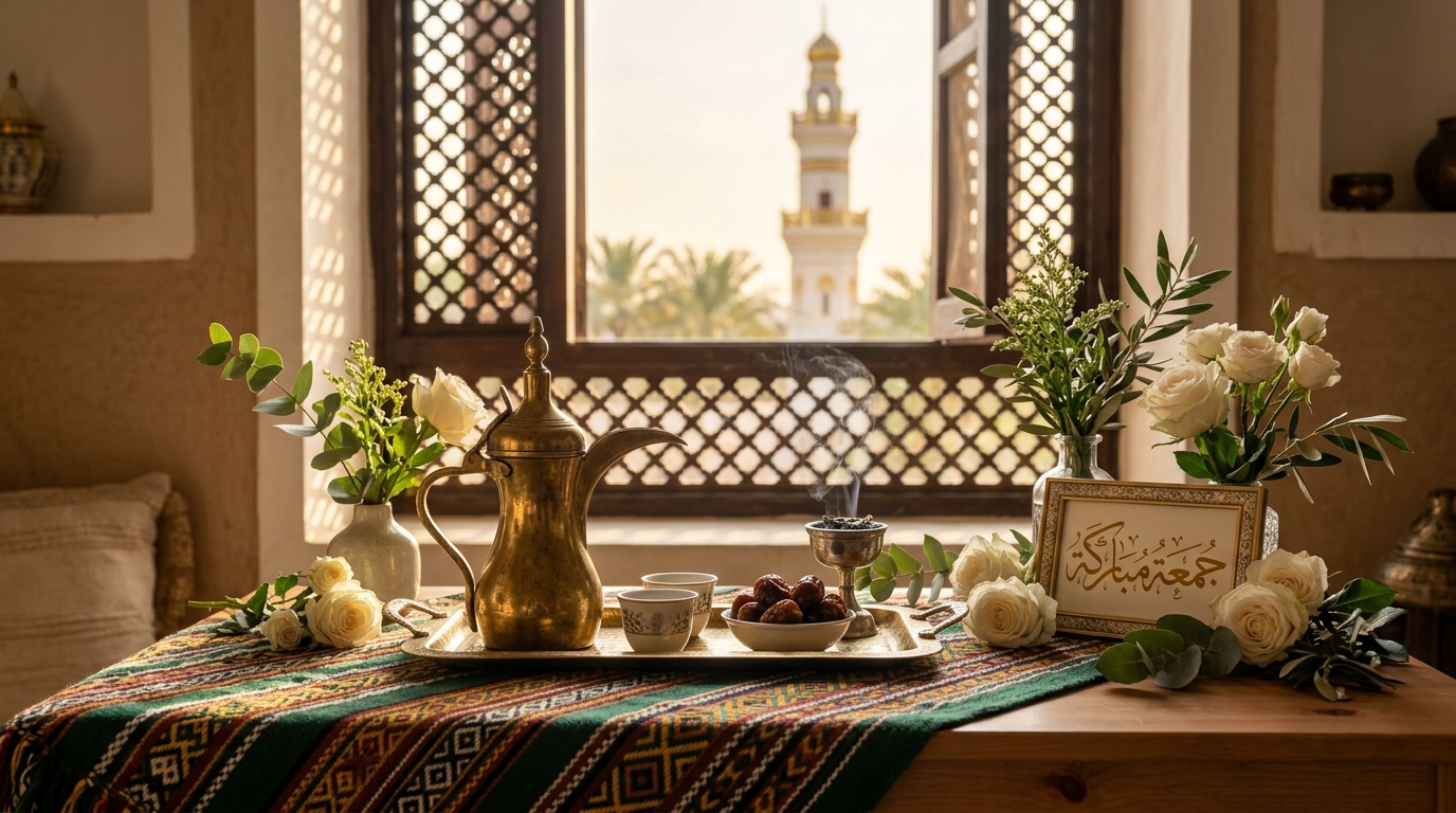 صور جمعة مباركة مع القهوة السعودية والتمر وإطلالة مسجد في صباح هادئ