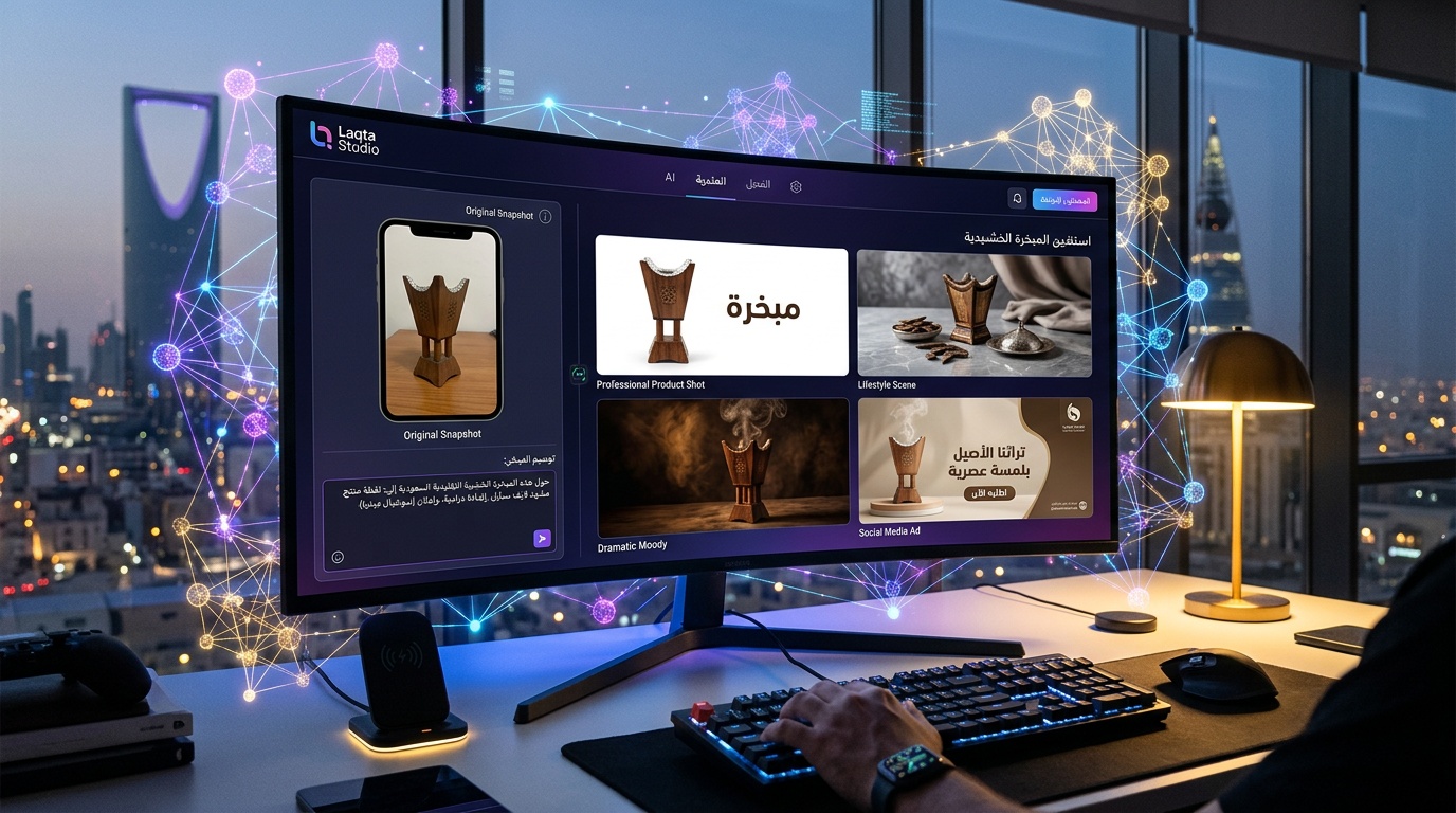 توليد صور احترافية بالذكاء الاصطناعي لمنتجات سعودية عبر واجهة لقطة استوديو - أربعة أنماط مختلفة