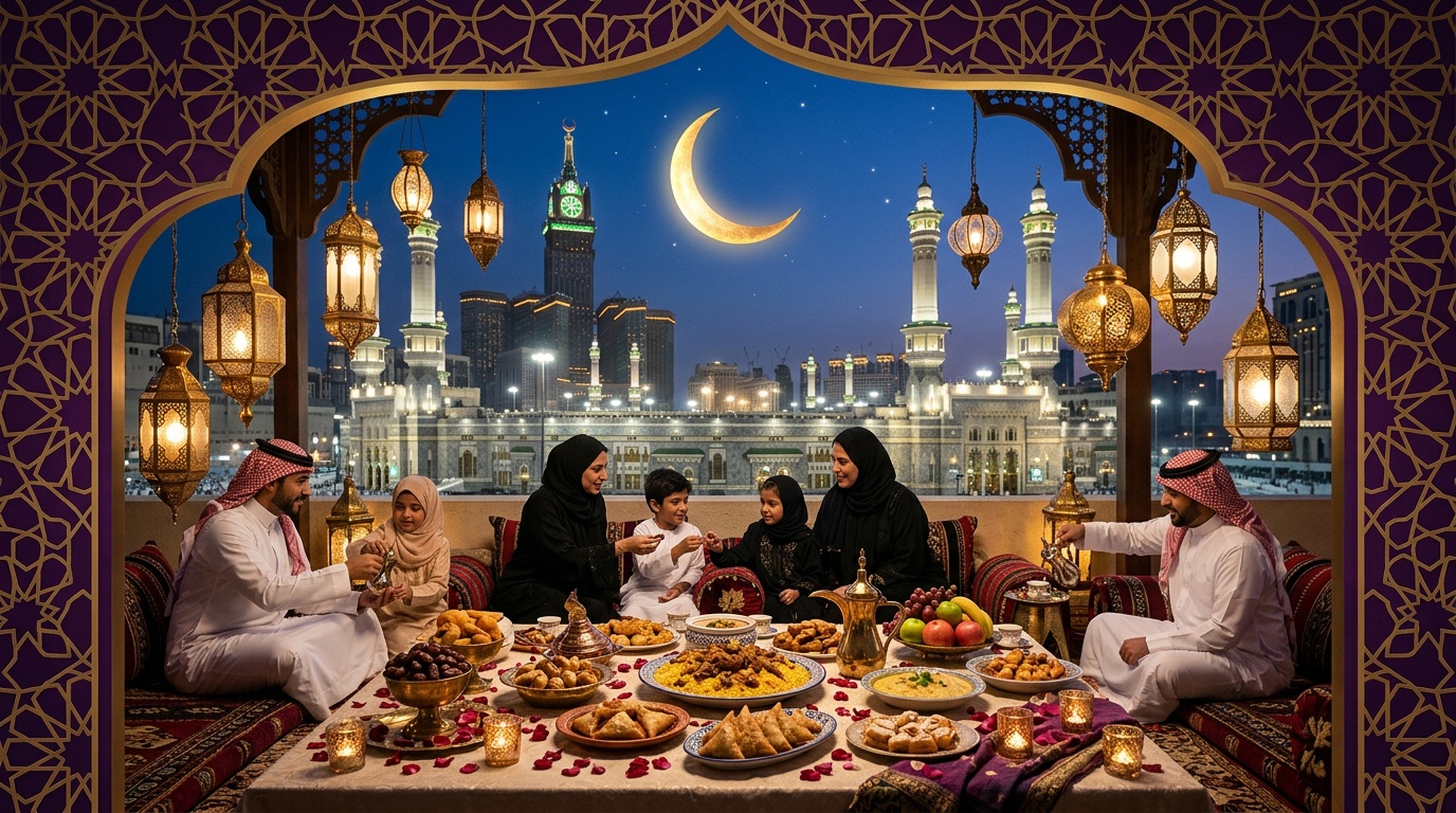 تصاميم رمضانية سعودية فاخرة - فوانيس ذهبية ومائدة إفطار وهلال مضيء