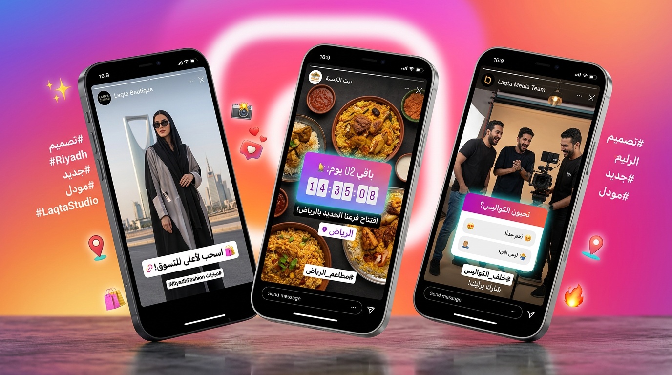 قوالب ستوري انستقرام احترافية لمتاجر سعودية مع ملصقات وعناصر تفاعلية عربية