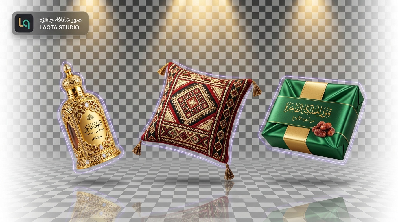 صور شفافة لمنتجات سعودية فاخرة - عطر عربي ومخدة سدو وتمور على خلفية شفافة بأداة لقطة
