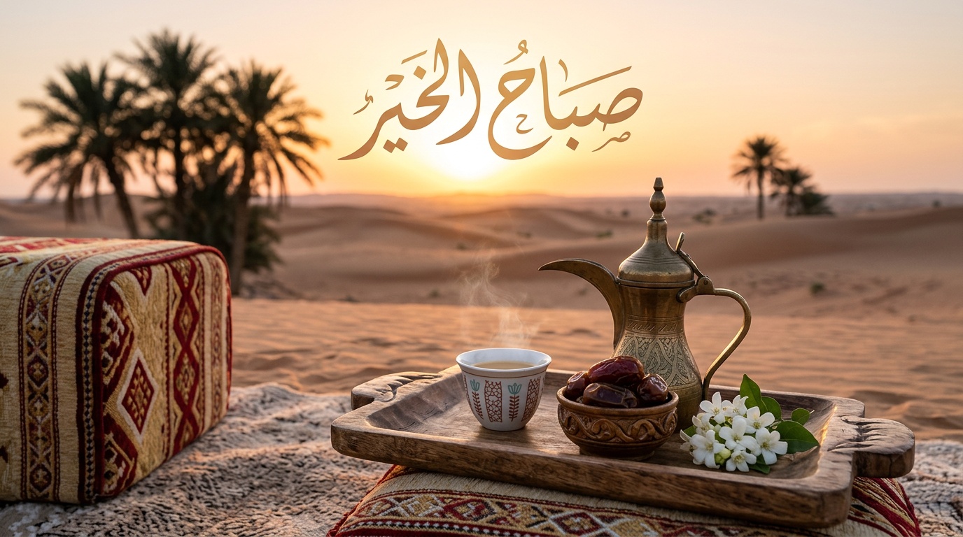 صباح الخير مع قهوة عربية وتمر وشروق الشمس فوق الصحراء السعودية