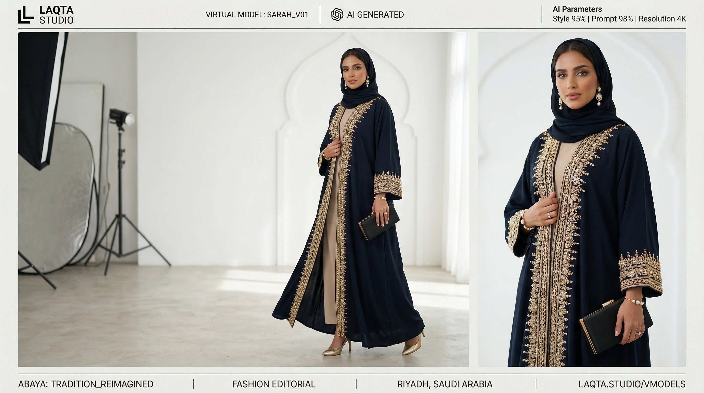 عارضة أزياء افتراضية سعودية بالذكاء الاصطناعي ترتدي عباية مطرزة أنيقة