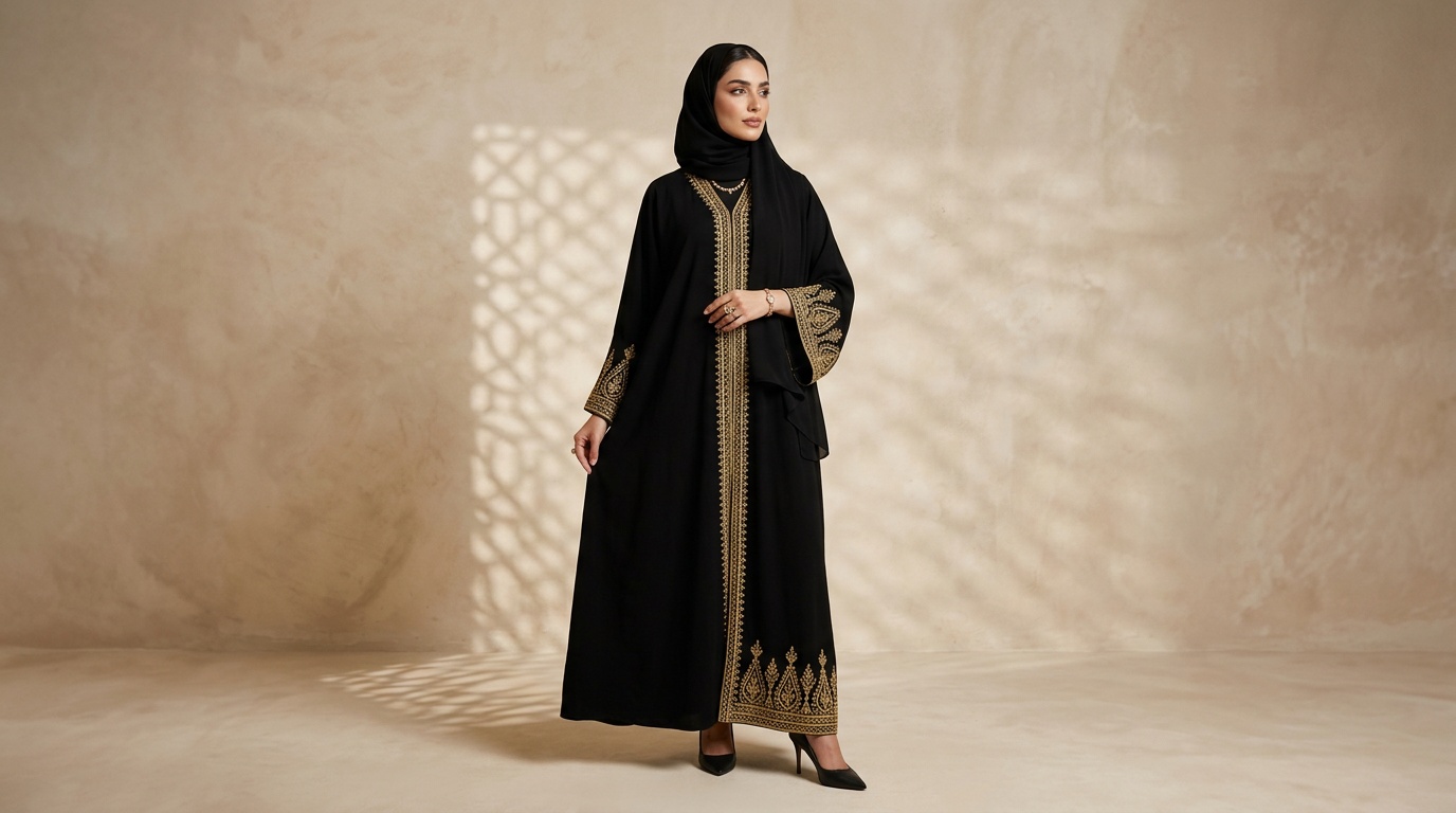 تصوير عبايات سعودية فاخرة بتطريز ذهبي على عارضة افتراضية بإضاءة احترافية - لقطة استوديو