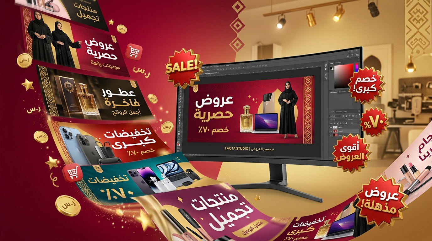 تصميم صور عروض وتخفيضات احترافية للمتاجر السعودية - لقطة استوديو