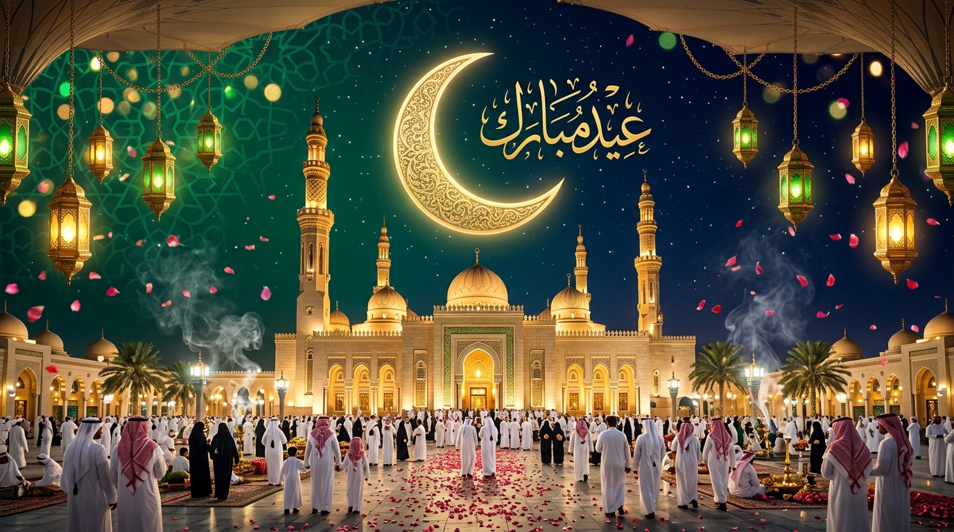 تصميم عيد مبارك فاخر مع هلال ذهبي ومسجد وفوانيس بألوان سعودية