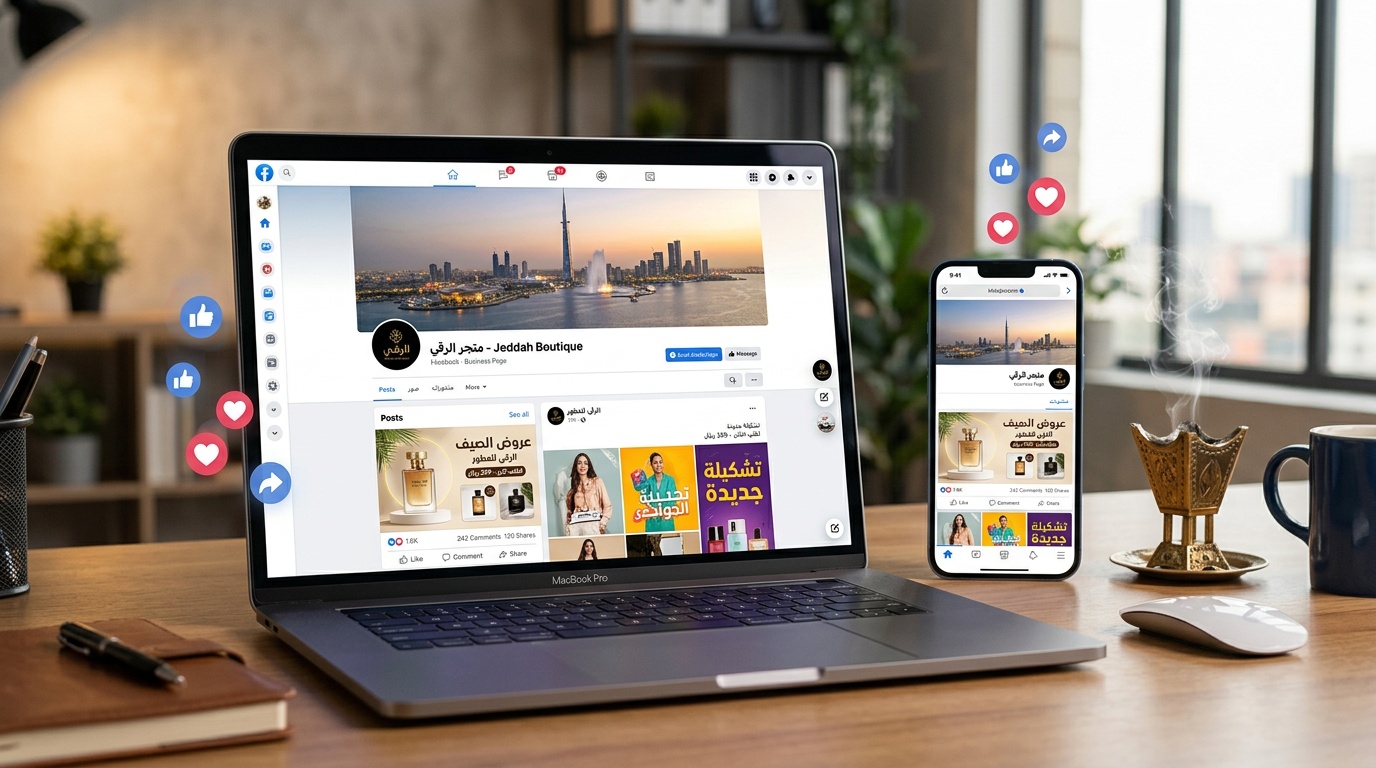 صفحة فيس بوك احترافية لعمل سعودي بغلاف ومنشورات مصممة بالعربية