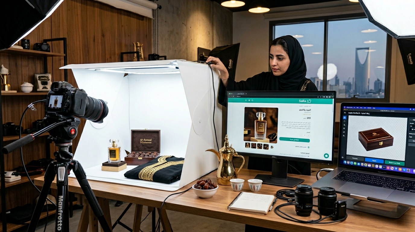 استوديو تصوير منتجات للتجارة الإلكترونية السعودية مع متجر سلة ولقطة استوديو