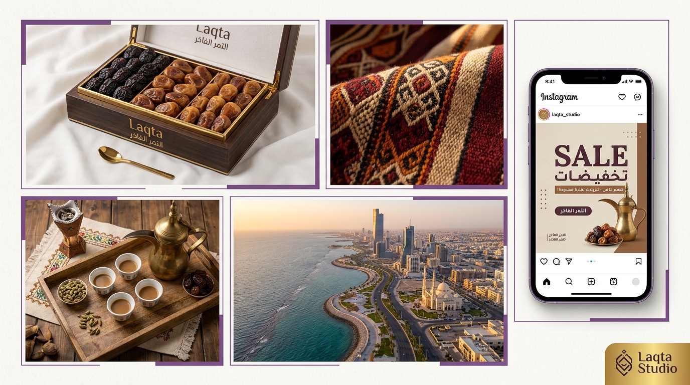 مجموعة صور متنوعة للتصميم - تصوير منتجات سعودية وقوالب سوشيال ميديا بالعربي ومناظر مدن سعودية