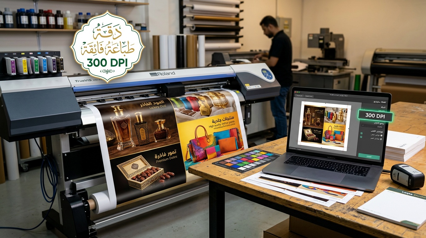 تجهيز صور منتجات سعودية للطباعة بجودة 300 DPI عبر لقطة استوديو مع طابعة كبيرة احترافية