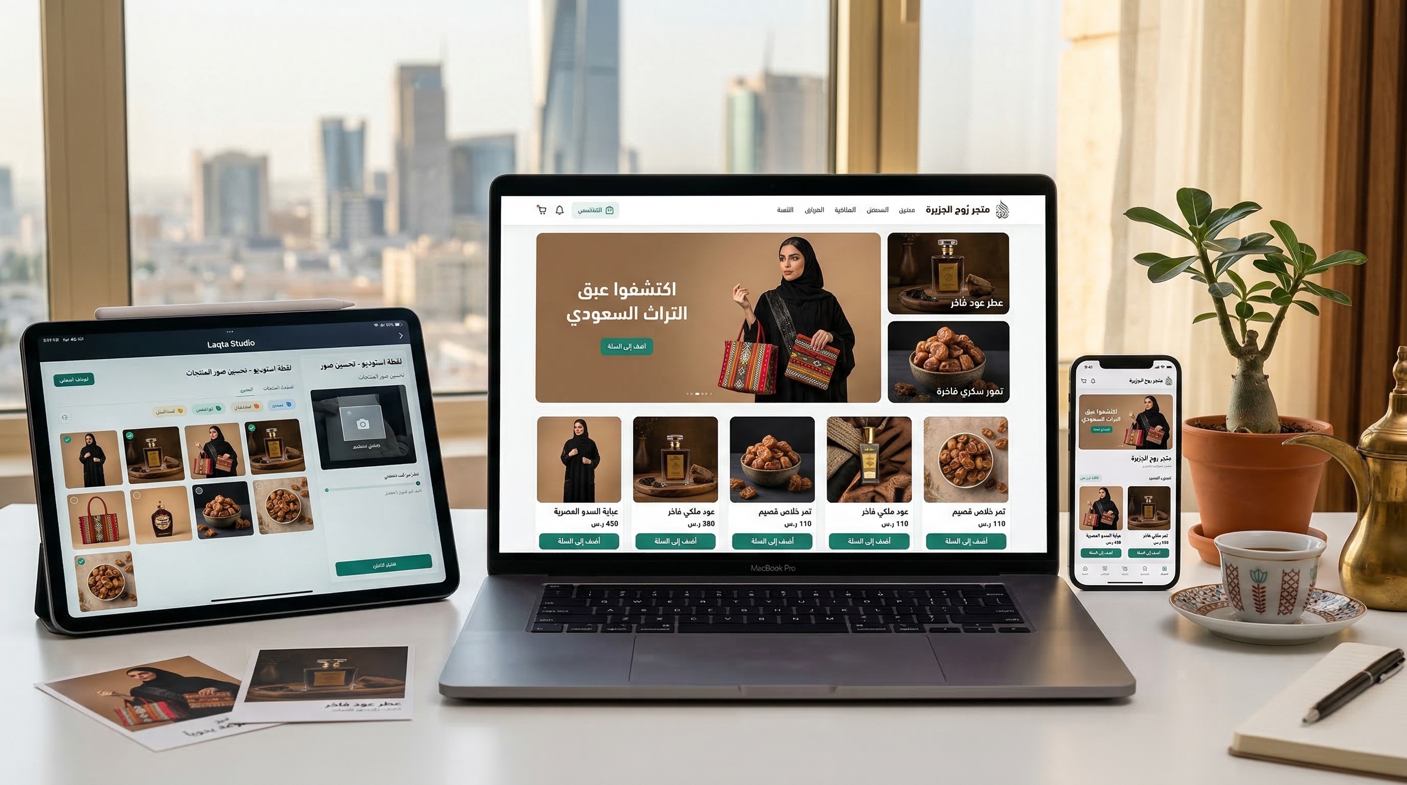 صور منتجات سعودية احترافية معروضة في متجر سلة إلكتروني مع واجهة لقطة استوديو