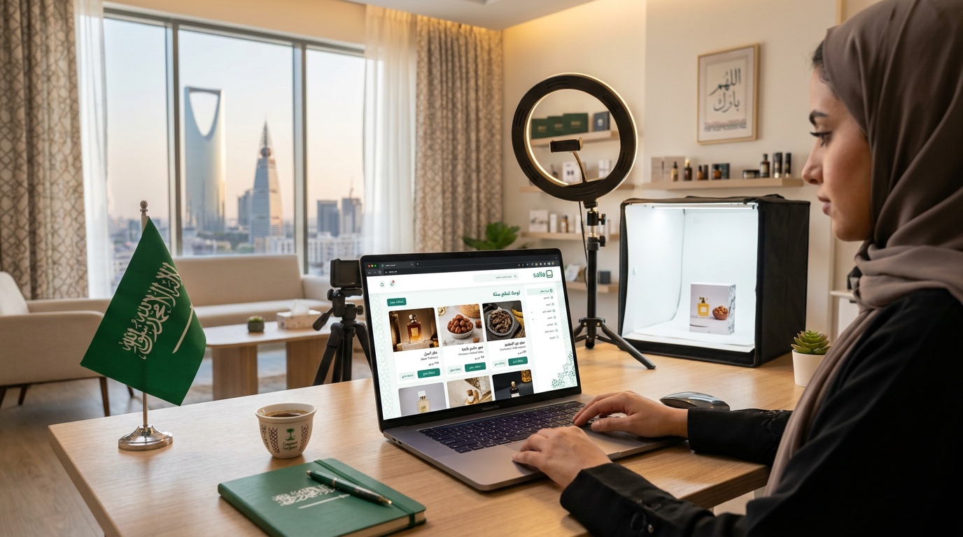 صور منتجات احترافية لمتجر سلة مع لوحة تحكم المتجر والتصوير الاحترافي - لقطة استوديو