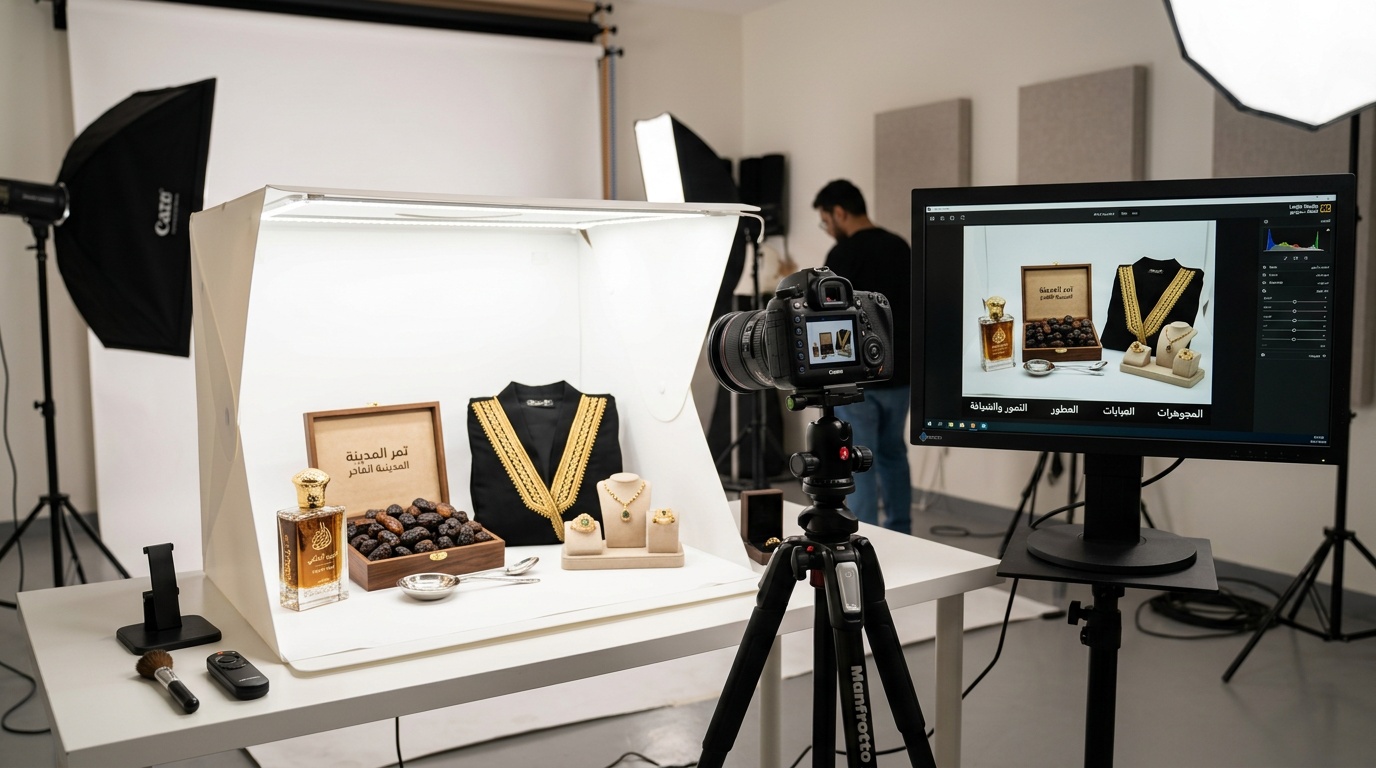 استوديو تصوير منتجات متجر سعودي - عطور وعبايات وتمور ومجوهرات بإضاءة احترافية