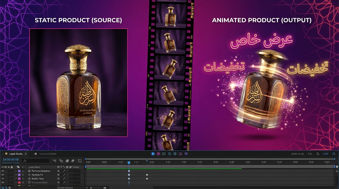 تحويل صورة عطر عربي ثابتة إلى صورة متحركة GIF احترافية عبر لقطة استوديو