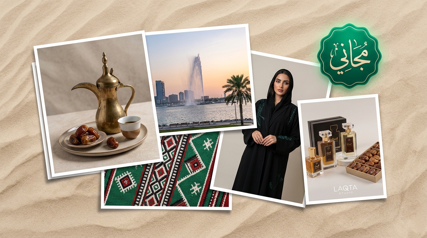 مجموعة صور مجانية متنوعة للتصميم والتجارة الإلكترونية بطابع سعودي مع شارة مجاني بالخط العربي