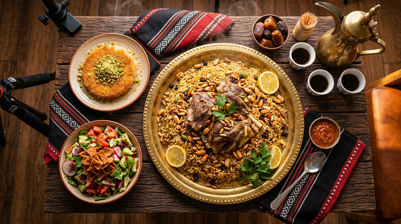 تصوير أطباق مطعم سعودي احترافي - كبسة وقهوة عربية وكنافة بإضاءة دافئة