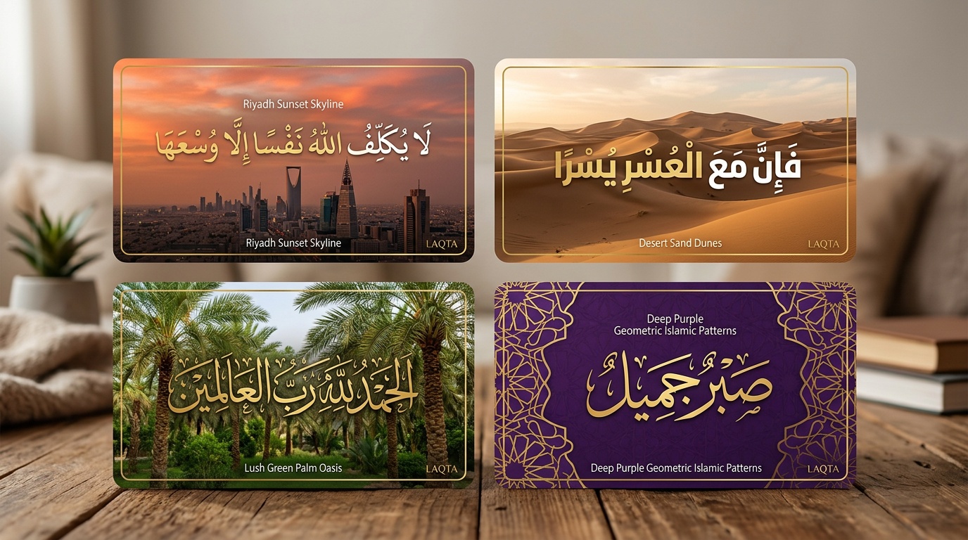 بطاقات سوشيال ميديا بخط عربي أنيق على خلفيات سعودية متنوعة