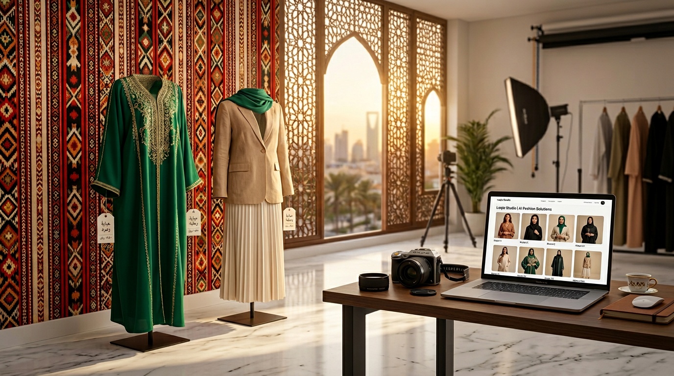 تصوير ملابس احترافي لمتجر سعودي بأسلوب لقطة استوديو مع إضاءة ذهبية وزخارف سدو