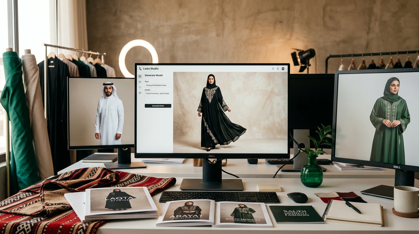 عرض ملابس سعودية على موديلات افتراضية بالذكاء الاصطناعي من لقطة استوديو