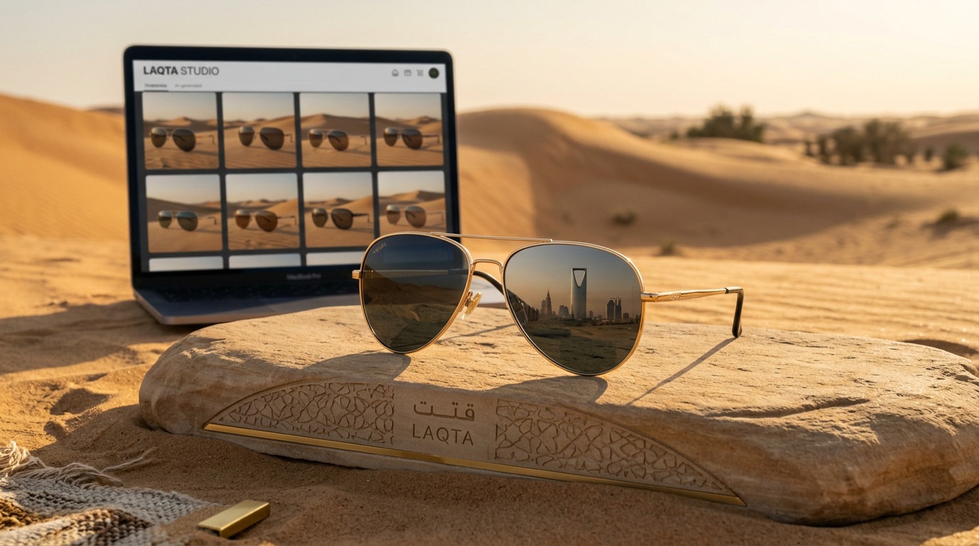 تصوير نظارات شمسية فاخرة على سطح حجري بإضاءة صحراوية ذهبية مع لقطة استوديو