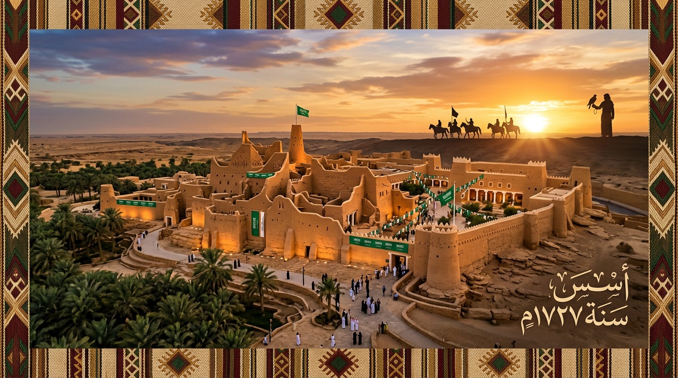 تصاميم يوم التأسيس السعودي مع معمارية الدرعية التاريخية والخيل العربي عند الغروب
