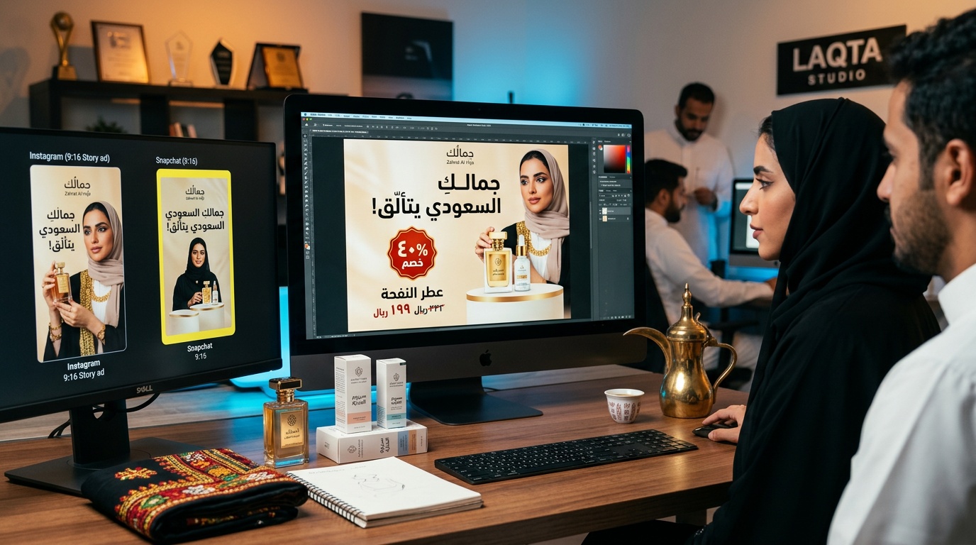 تصميم صورة إعلان سعودية احترافية بالعربي مع لقطة استوديو وأسعار بالريال