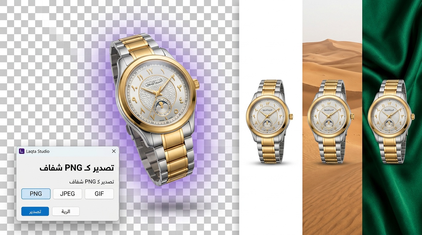 صورة شفافة PNG لساعة فاخرة سعودية مع خلفيات متعددة وأداة تصدير لقطة استوديو بالعربي