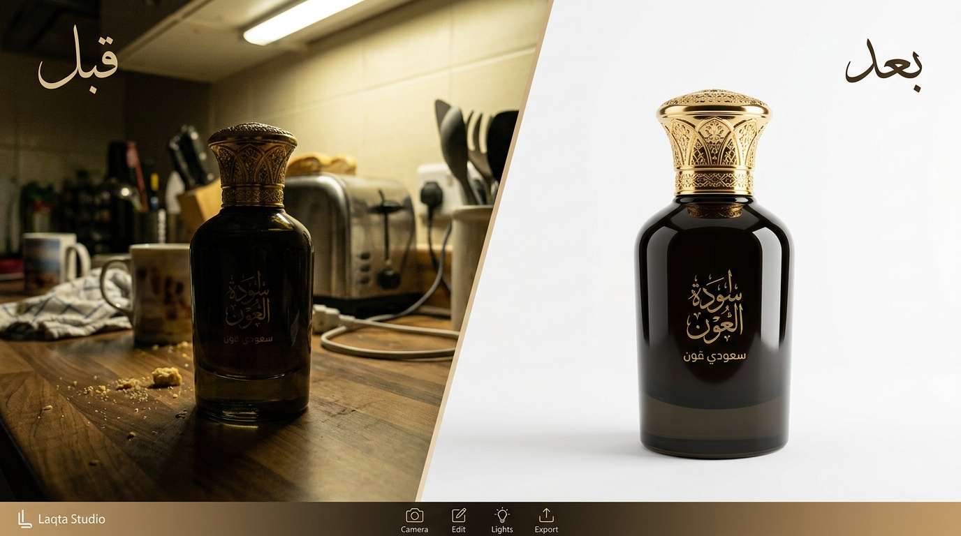 مقارنة قبل وبعد لصورة عطر عود سعودي من تصوير عادي إلى صورة منتج احترافية بخلفية بيضاء عبر لقطة