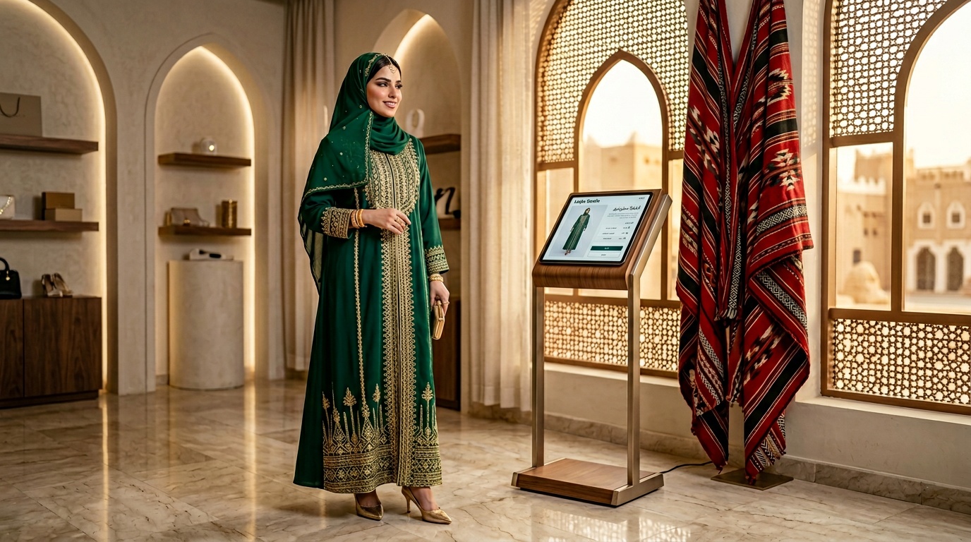 عارضة أزياء افتراضية سعودية بعباءة مطرزة بالذهب في بوتيك فاخر بالرياض - تصميم بالذكاء الاصطناعي من لقطة