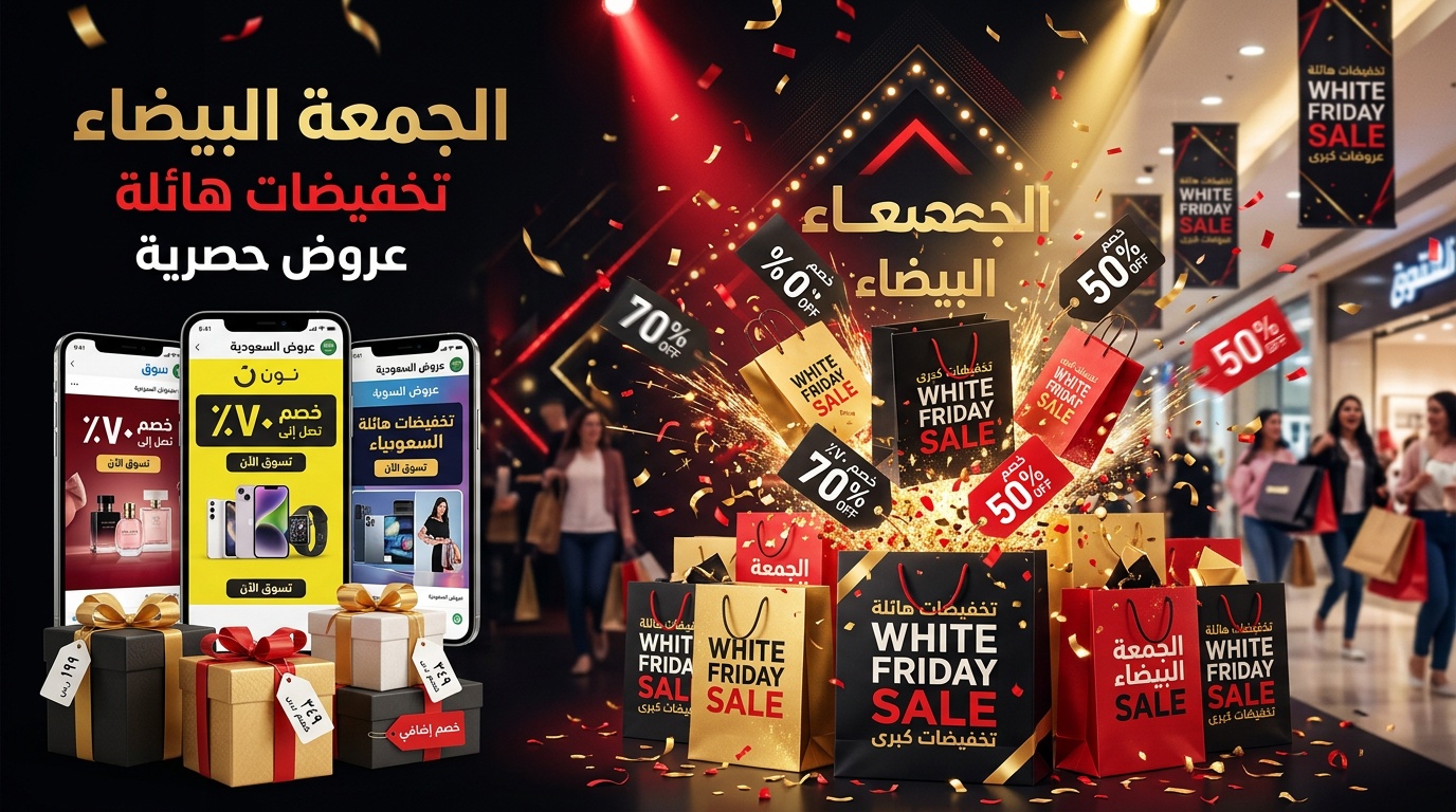 تصميم عروض الجمعة البيضاء - إعلانات تخفيضات احترافية بالعربي للمتاجر السعودية