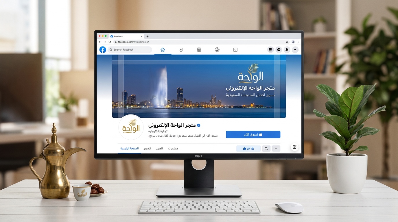 صفحة فيسبوك تجارية بغلاف عربي احترافي يعرض واجهة جدة البحرية