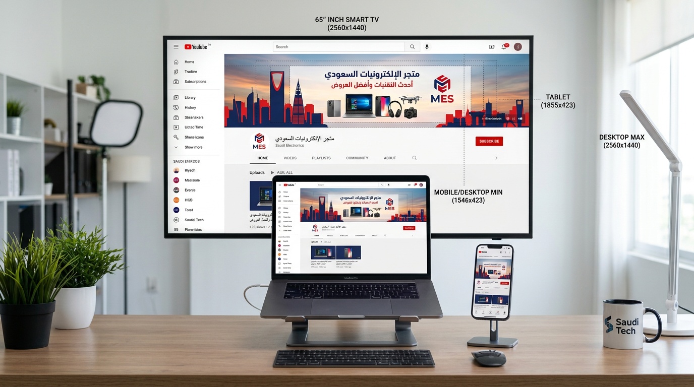 تصميم غلاف يوتيوب احترافي مع المنطقة الآمنة على مختلف الأجهزة للمتاجر السعودية - لقطة