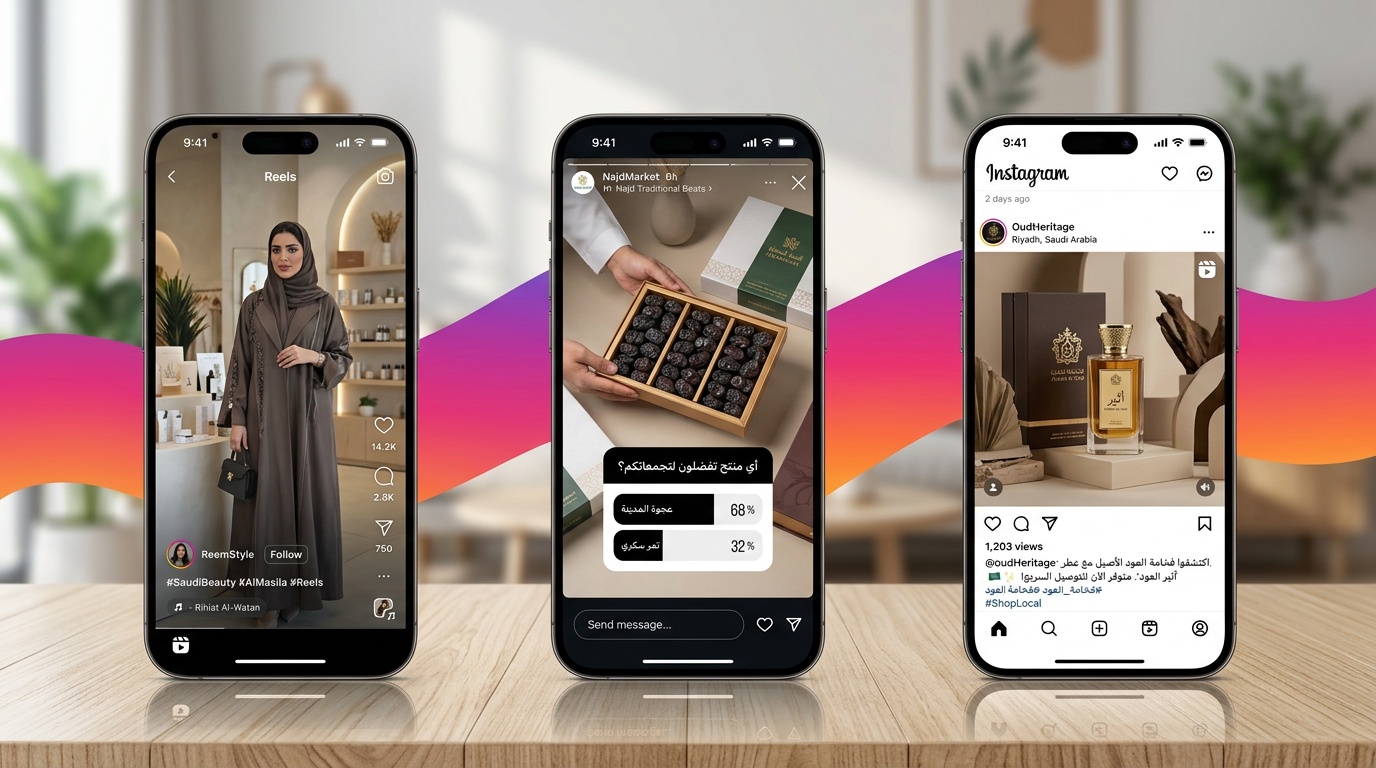أنواع فيديوهات انستقرام للمتاجر السعودية: ريلز وستوري وفيد بمحتوى عربي - لقطة
