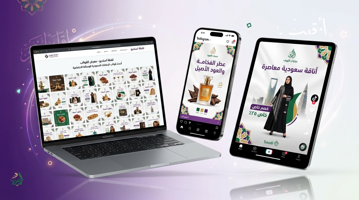 مجموعة قوالب إعلانات سعودية على أجهزة متعددة من لقطة استوديو بخط عربي وزخارف إسلامية
