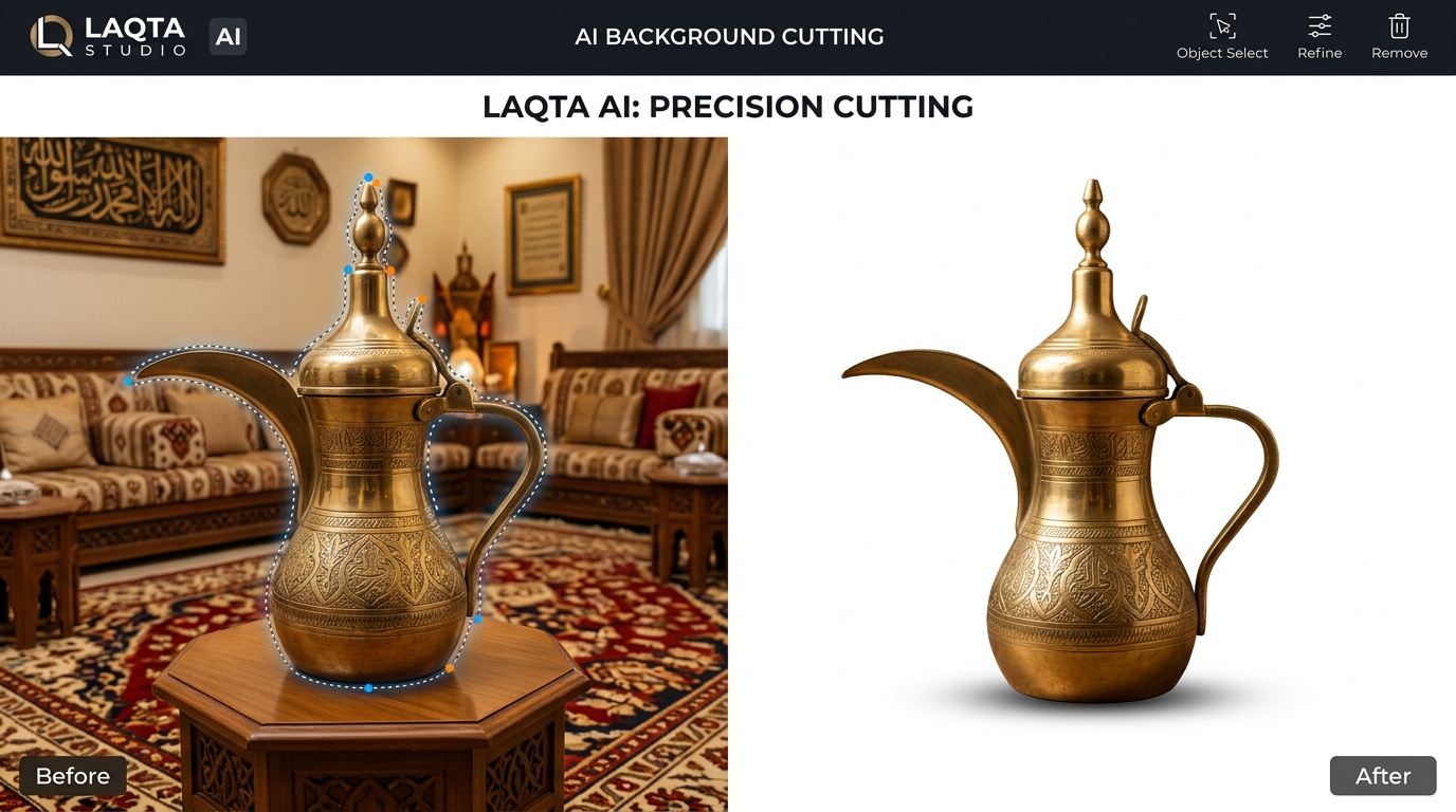 قص خلفية صورة دلة قهوة سعودية ذهبية - من خلفية منزلية فوضوية إلى خلفية بيضاء احترافية بأداة لقطة