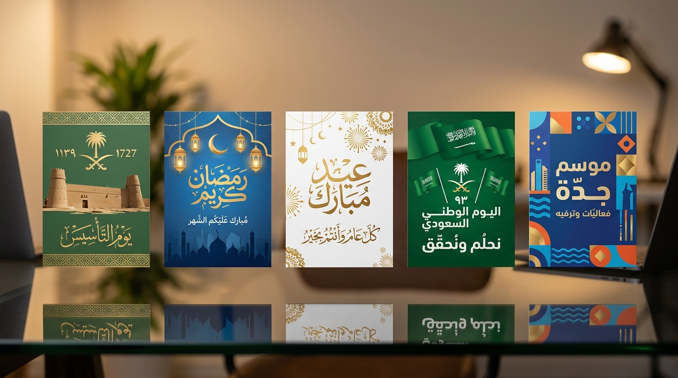 قوالب تصميم جاهزة لجميع المناسبات والمواسم السعودية بتصميم عربي احترافي - لقطة