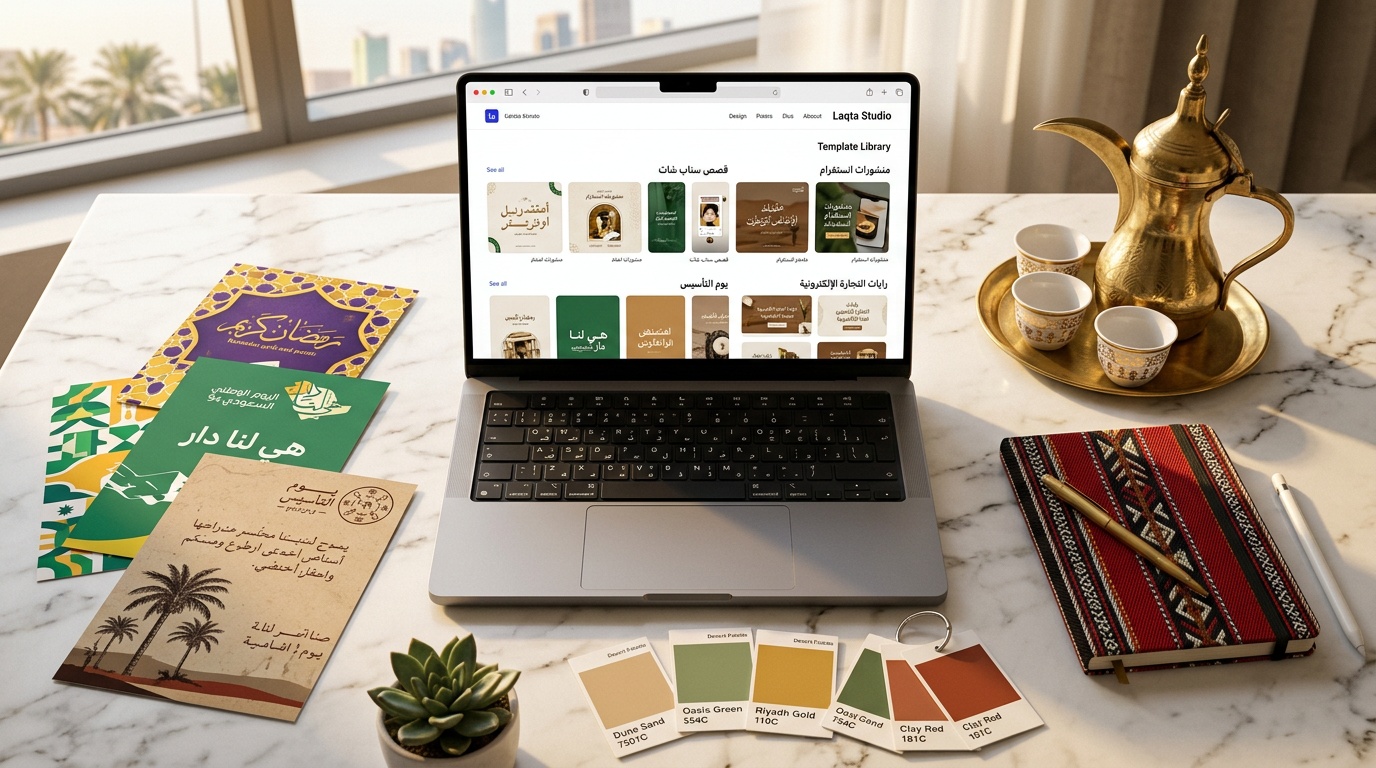 قوالب تصميم سعودية جاهزة لرمضان واليوم الوطني على واجهة لقطة استوديو مع عناصر تراثية