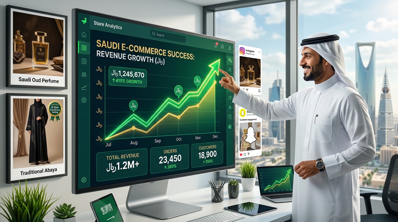 كيف ازيد مبيعات متجري - لوحة تحليلات مع رسم بياني صاعد بالريال السعودي