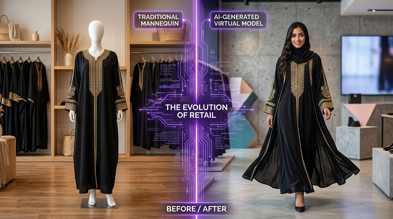 مقارنة بين المانيكان التقليدي والعارض الافتراضي بالذكاء الاصطناعي لعرض العبايات - لقطة