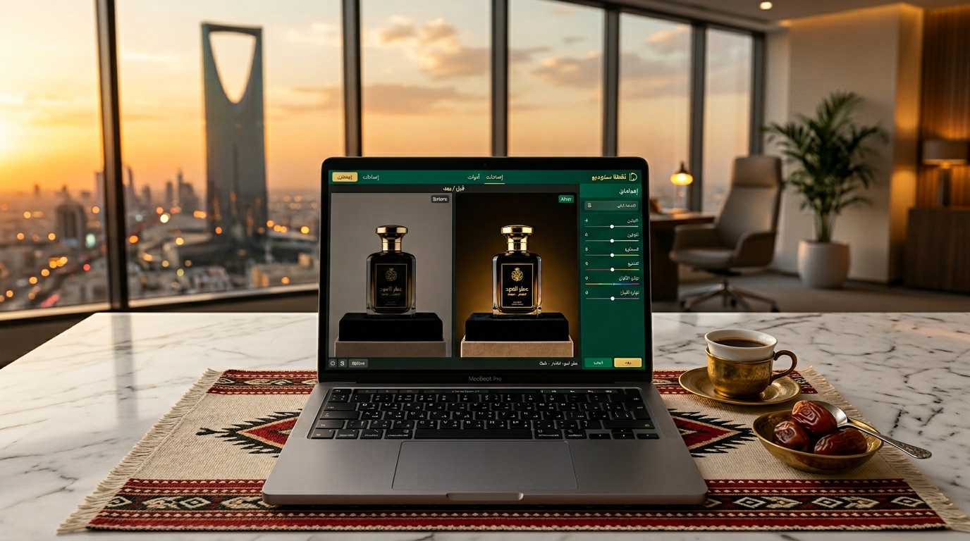 واجهة محرر صور لقطة استوديو بالعربية على مكتب أنيق في مكتب عصري بالرياض مع عرض تعديل صورة منتج سعودي