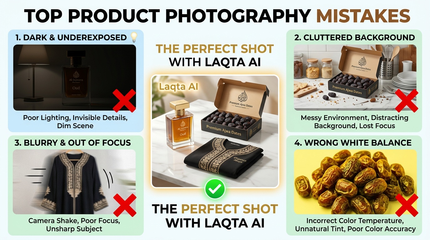 مشاكل تصوير المنتجات الشائعة - أخطاء الإضاءة والخلفية والوضوح وتوازن الألوان