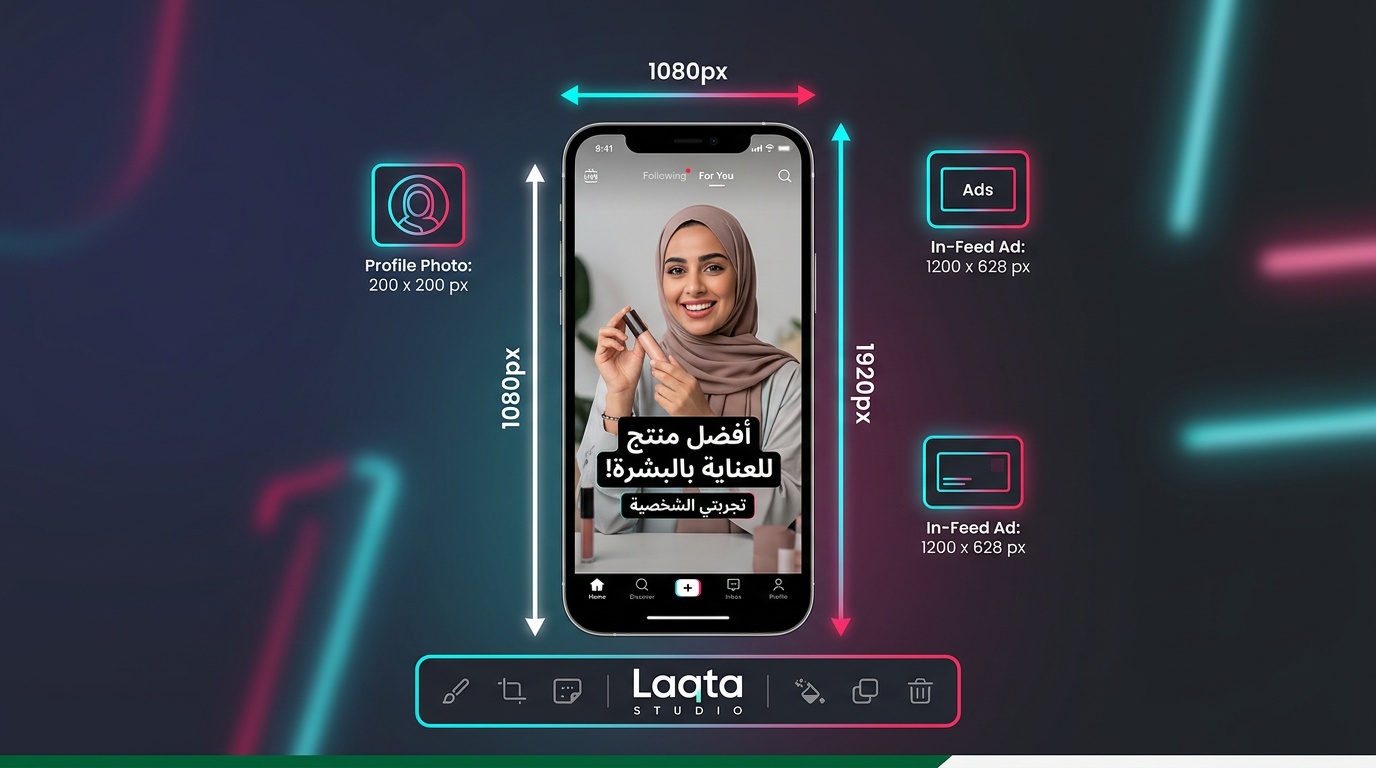 دليل مقاسات تيك توك مع عرض فيديو متجر سعودي والأبعاد بالبكسل وألوان تيك توك