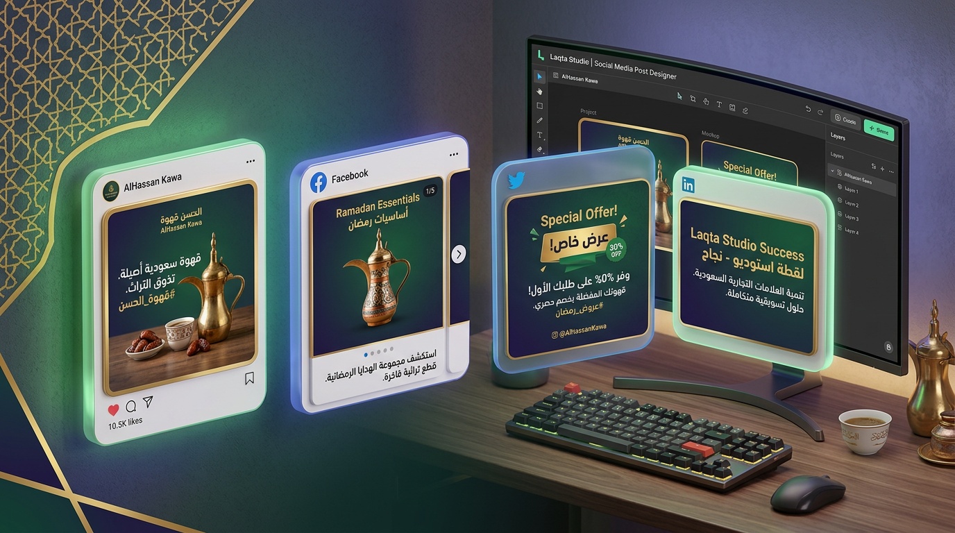 منشورات سوشيال ميديا سعودية احترافية بتصميم عربي من لقطة استوديو على خلفية زخارف إسلامية