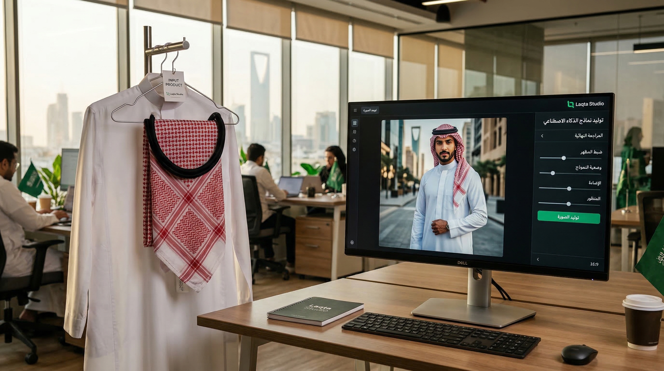 مودل سعودي افتراضي يرتدي ثوب أبيض تم إنشاؤه بالذكاء الاصطناعي لمتجر إلكتروني