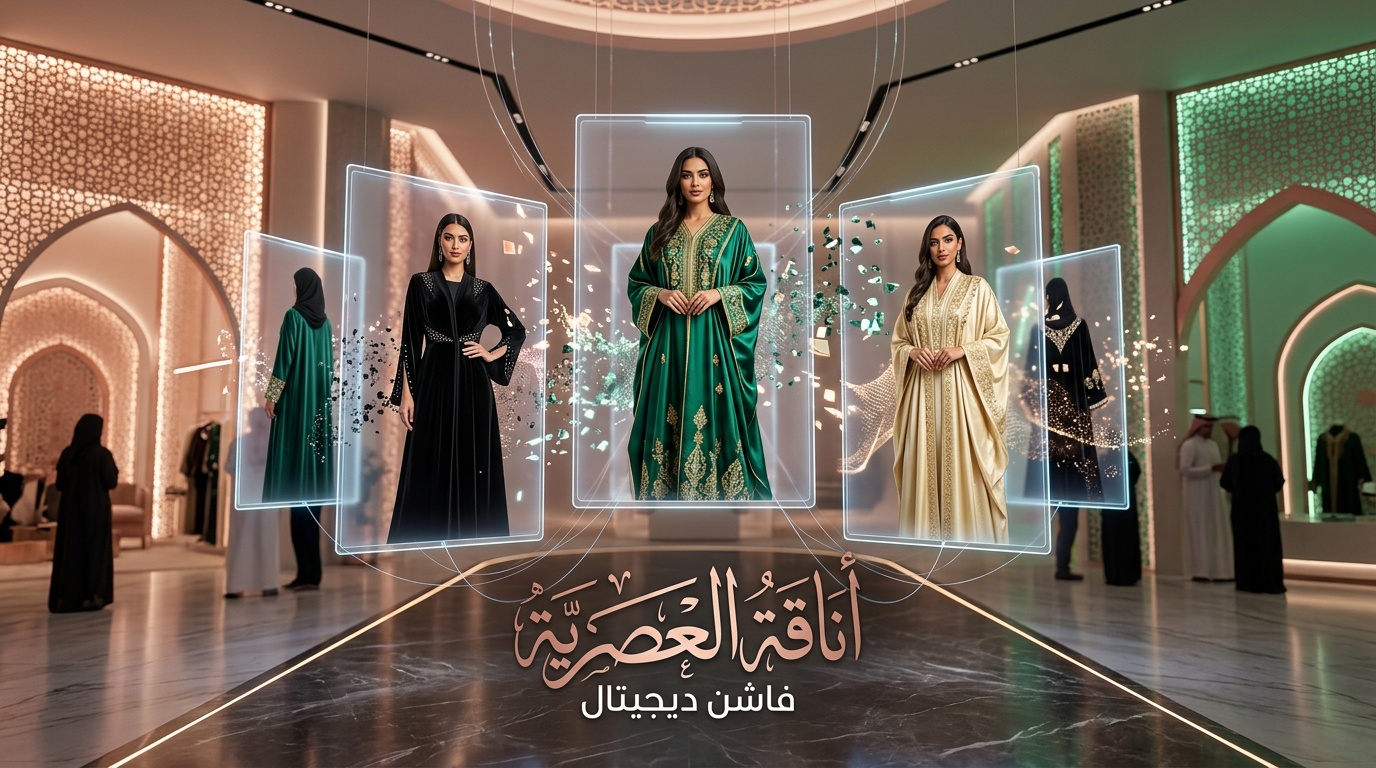 موديلات افتراضية بالذكاء الاصطناعي تعرض ملابس وعبايات سعودية أنيقة - لقطة استوديو