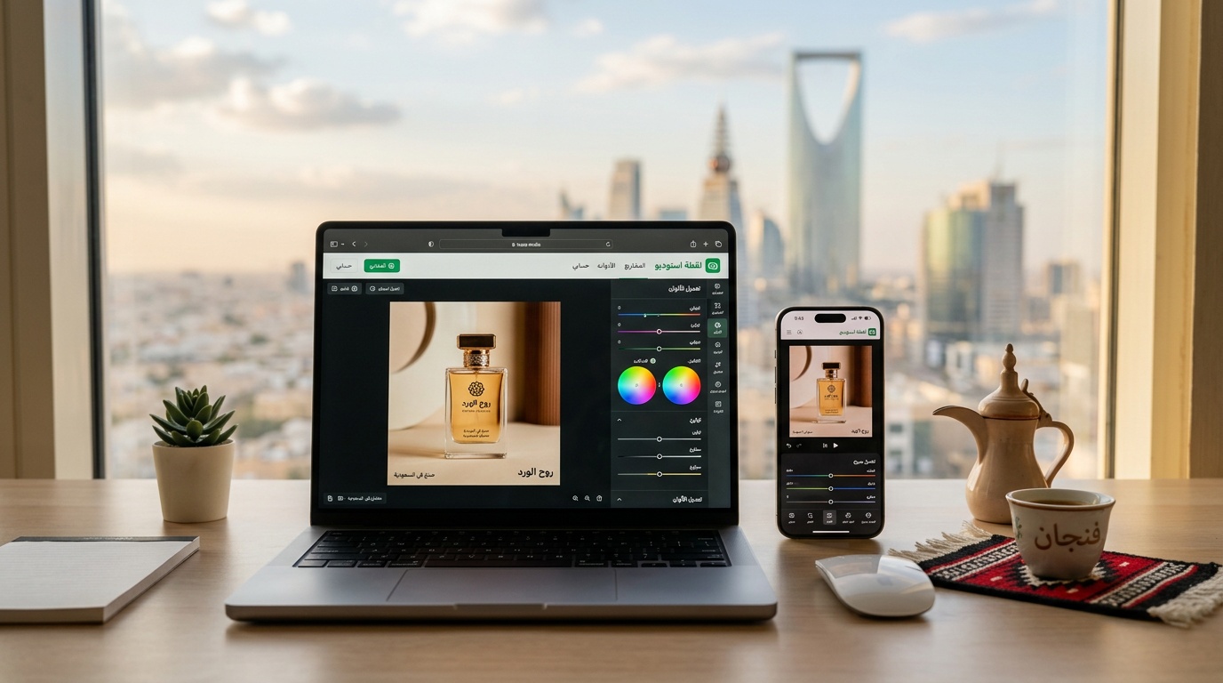 موقع لقطة لتعديل الصور أونلاين بواجهة عربية على اللابتوب والجوال مع منتج سعودي وأفق الرياض