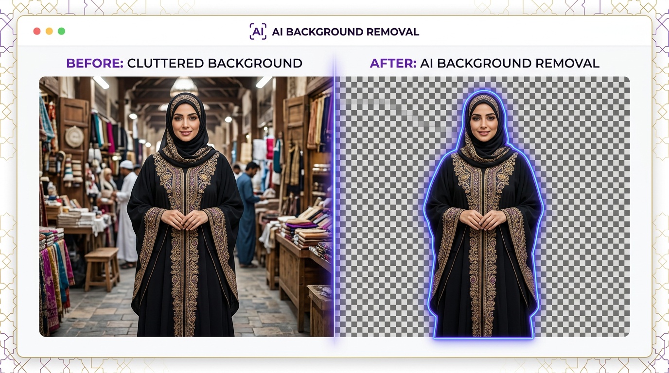 تفريغ صورة منتج عباءة سعودية بالذكاء الاصطناعي - قبل وبعد إزالة الخلفية