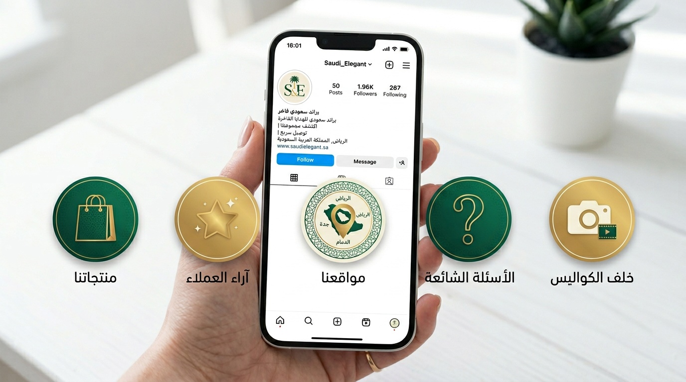 أغلفة هايلايت انستقرام احترافية لعلامة تجارية سعودية بألوان وأيقونات متناسقة